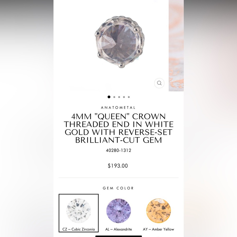 ANATOMETAL
4MM "QUEEN" CROWN THREADED END WHITE GOLD REVERSE-SET BRILLIANT GEM